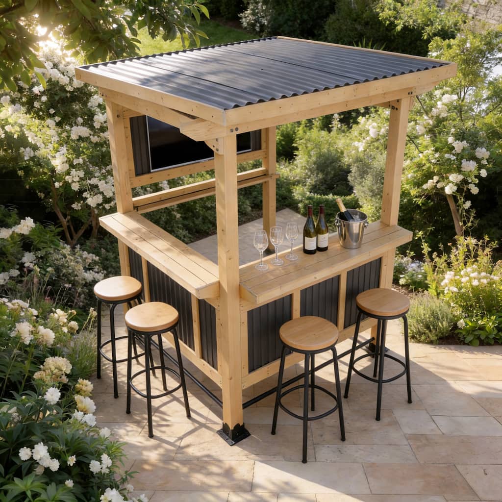Cedar Wood Outdoor Bar Gazebo with PVC Roof, 85" x 76" Backyard Pavilion with TV Mount, Double Bar Counte