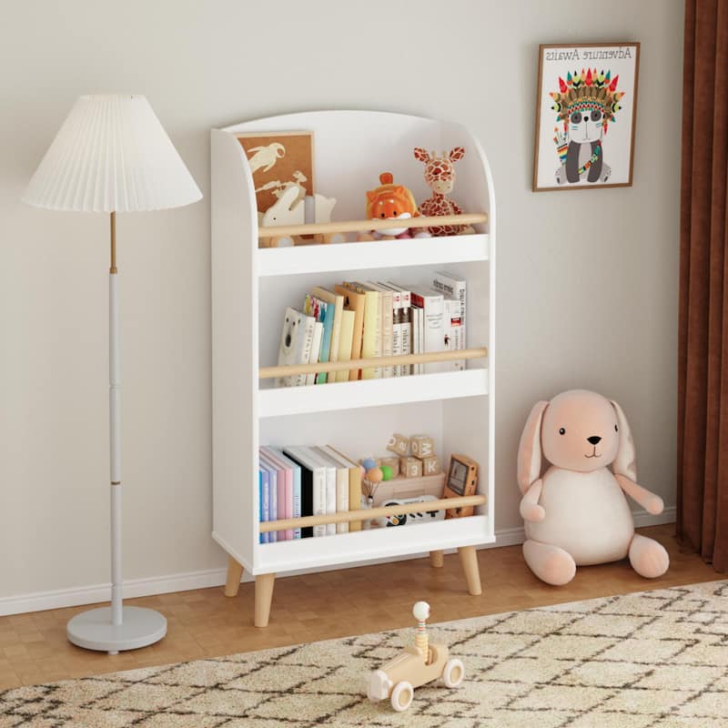 Anmytek White Arched Top Kids Bookshelf Nursery and Playroom Storage with Pine Legs - White