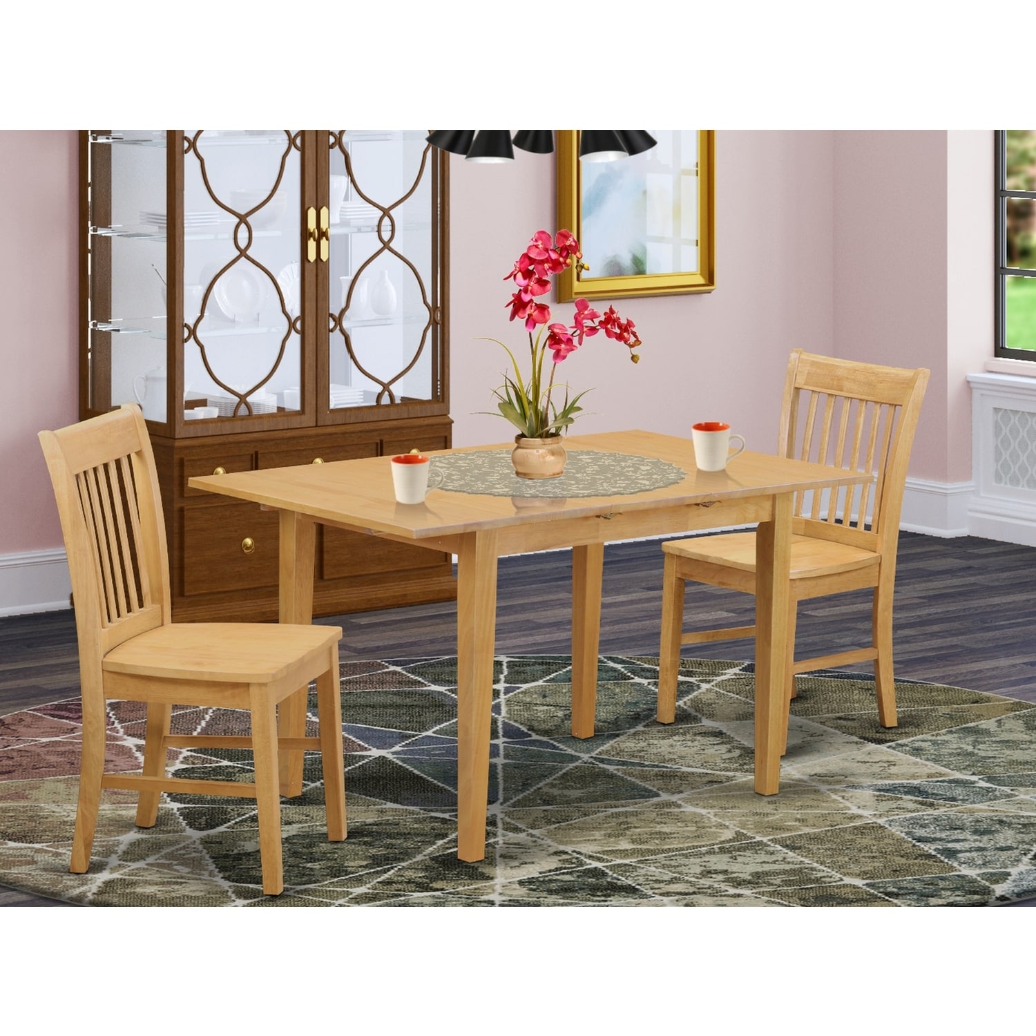 Farmhouse Dining Set - 3 Piece Table & Chair Set - Oak Finish - Kitchen Table Set