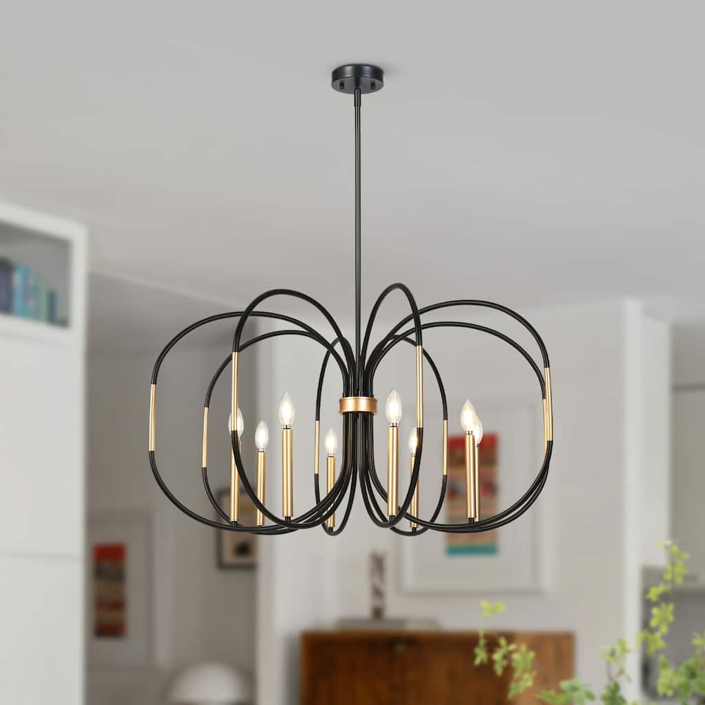 Modern Unique 8-Light Chandelier Black Gold Drum-Shape Pendant for Dining Room - 37.8 " × 20 "
