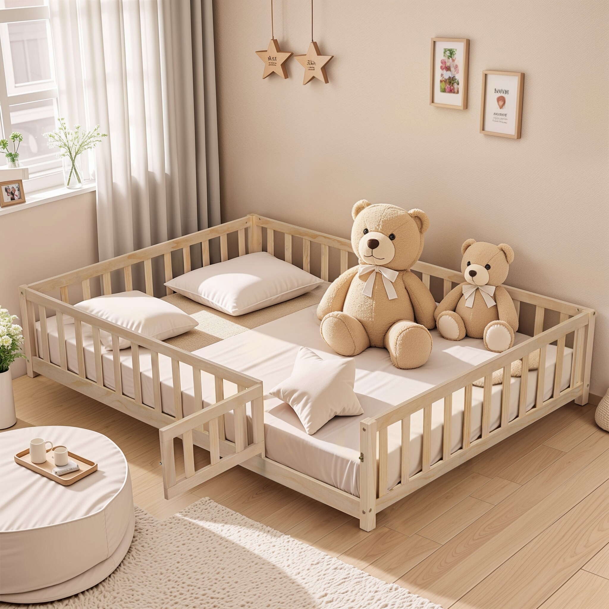 Full Size Floor Platform Bed with Fence and Door for Kids Montessori Floor Bed Frame with Support Slats for Toddlers Natural Bed Bath Beyond 40369921