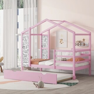 Pink Twin Size Solid Wood House Bed with Trundle, Fence, and Writing Board for Kids