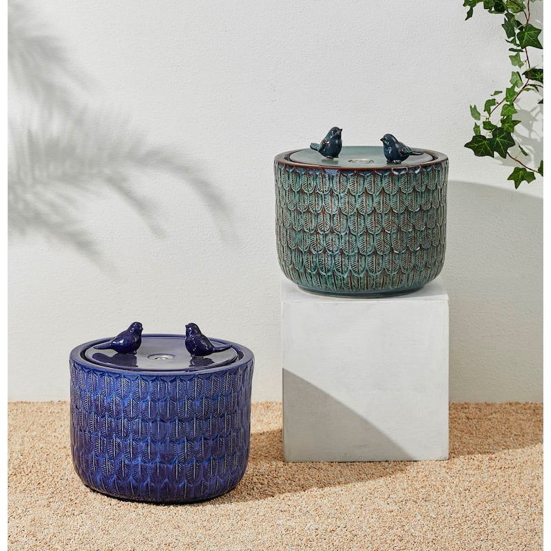 Glitzhome 15"H LED Ceramic Birdbath Outdoor Fountain with Two Birds & Leaf Pattern