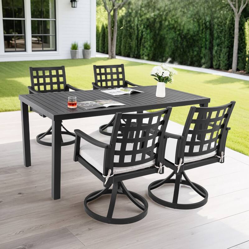 5 Piece Patio Dining Set, All Weather Outdoor Rectangular Dining Table Set with 4 Swivel Rocking Chairs and Umbrella Hole