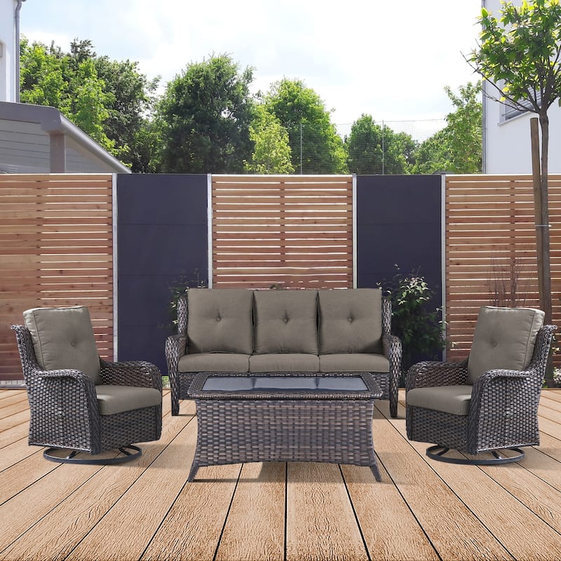 Gymojoy 4-Piece Patio Sofa with Swivel Glider Chair Set - Brown - Grey