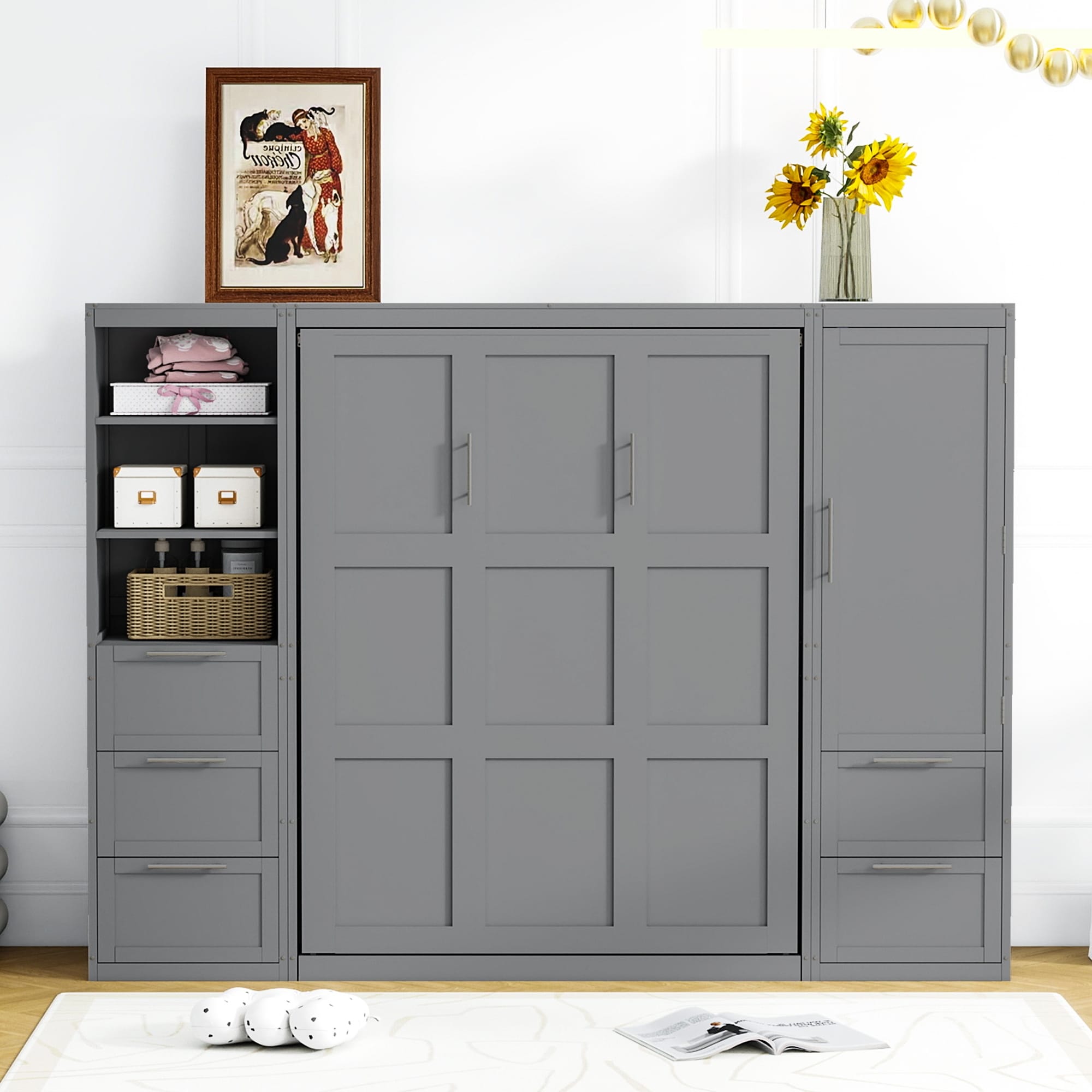 Murphy Bed Wall Bed with Closet Drawers and Shelves, Queen Size Grey