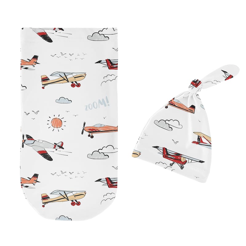 Sweet Jojo Designs Vintage Airplane Boy Baby Cocoon and Beanie Hat Sleep Sack 2pc Set- Transportation Clouds Sun Sky Aviator Red