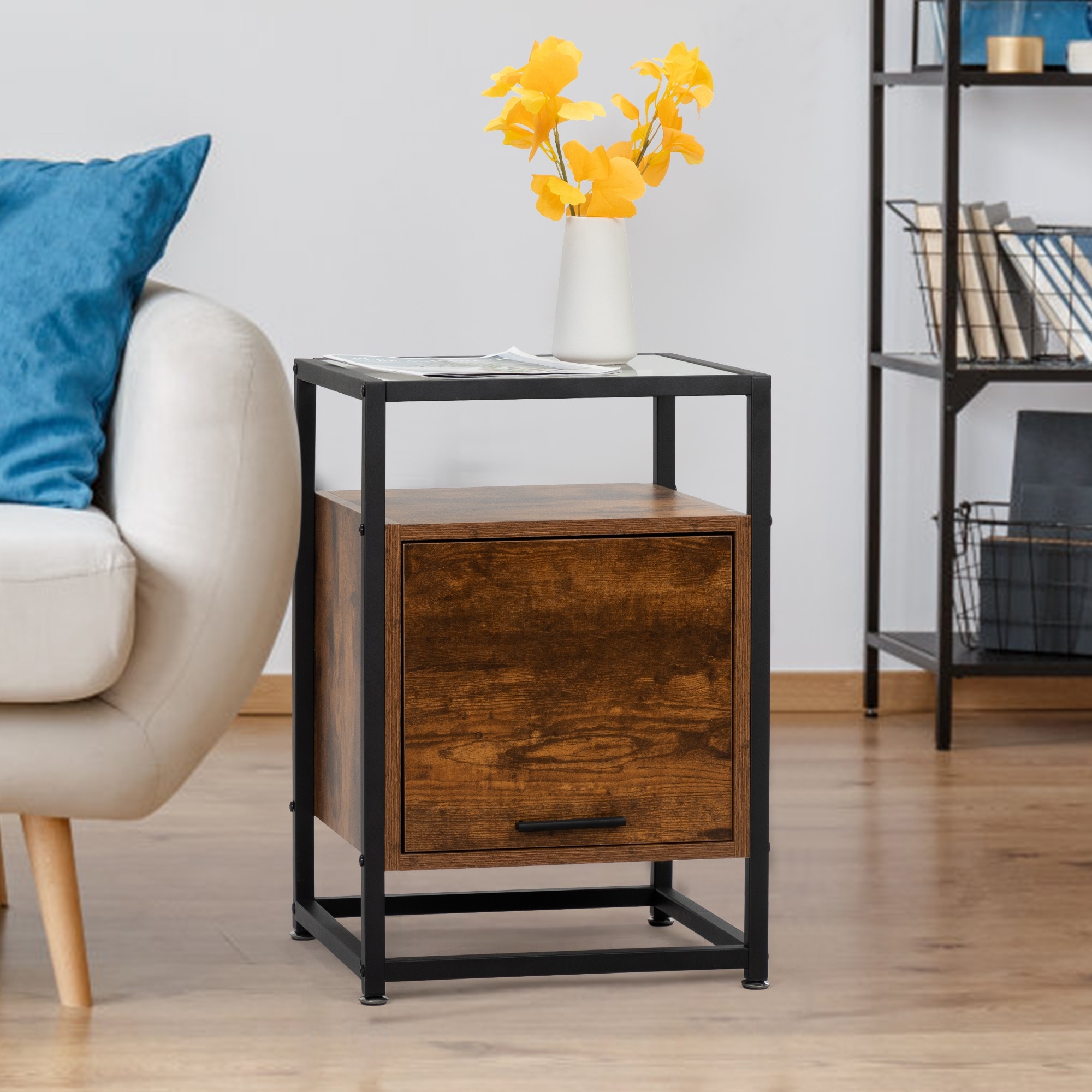 Tempered Glass Nightstand Concealed Cabinet with Pull down Door