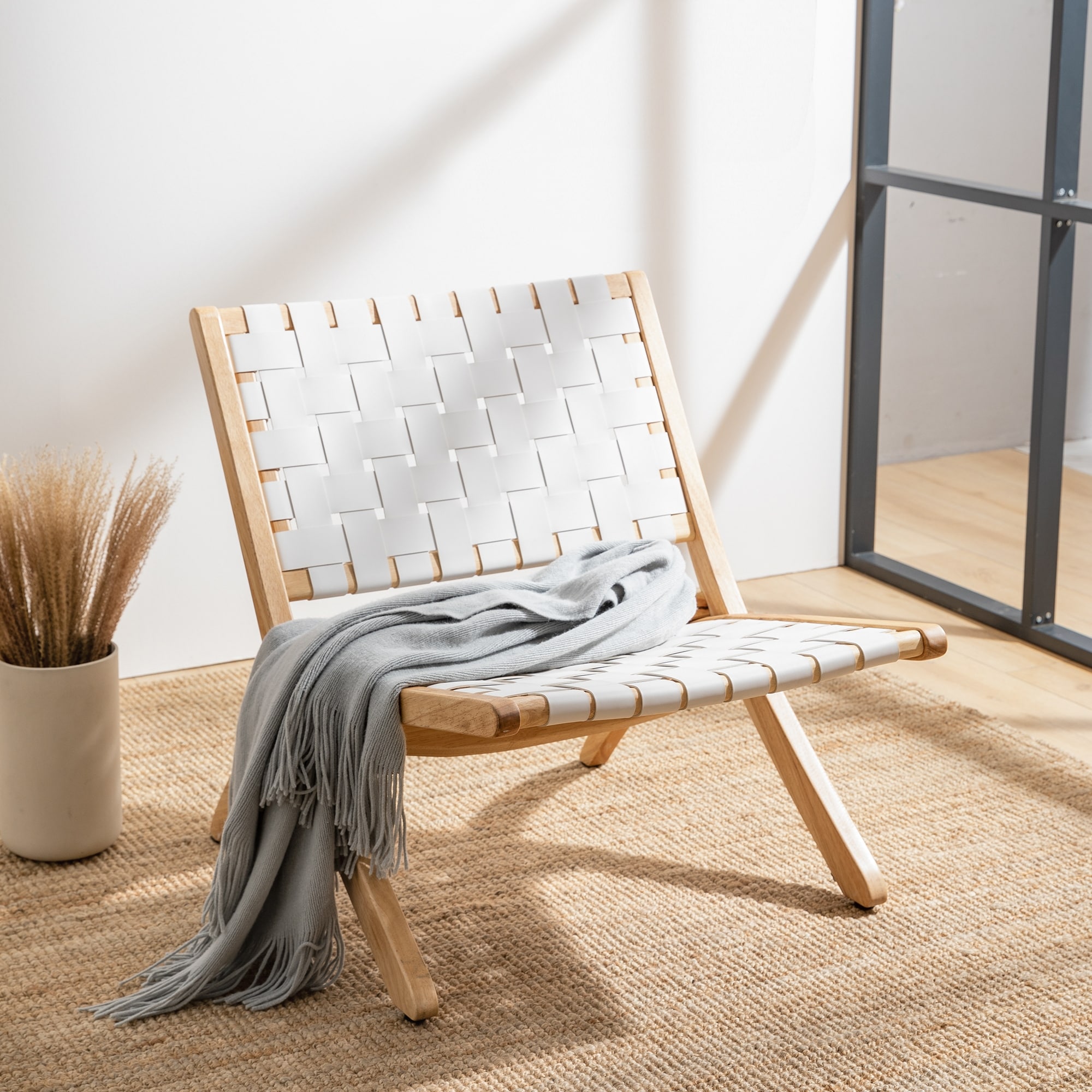 新作人気 LUE BONA Mid-century Wood Woven Accent Chair Cognac Leather ダイニングチェア