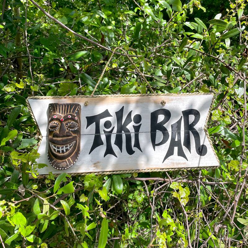 Hand Painted Rustic Tiki Bar Sign Carved Mask Rope Hanging 16X7
