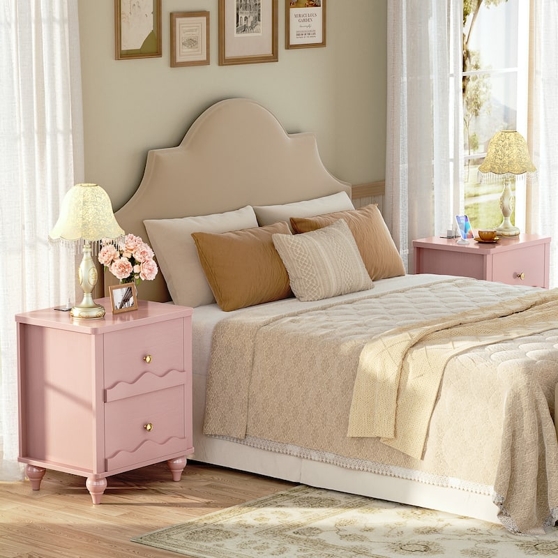 Modern Nightstand with Charging Station, Side End Table with 2 Drawers