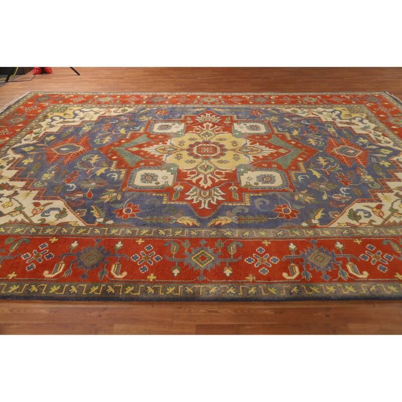 Hand Knotted Oriental 100% Wool Carpet Traditional Medallion Navy Blue & Blues Heriz (serapi) Area Rug - 14' 1'' X 9' 11''