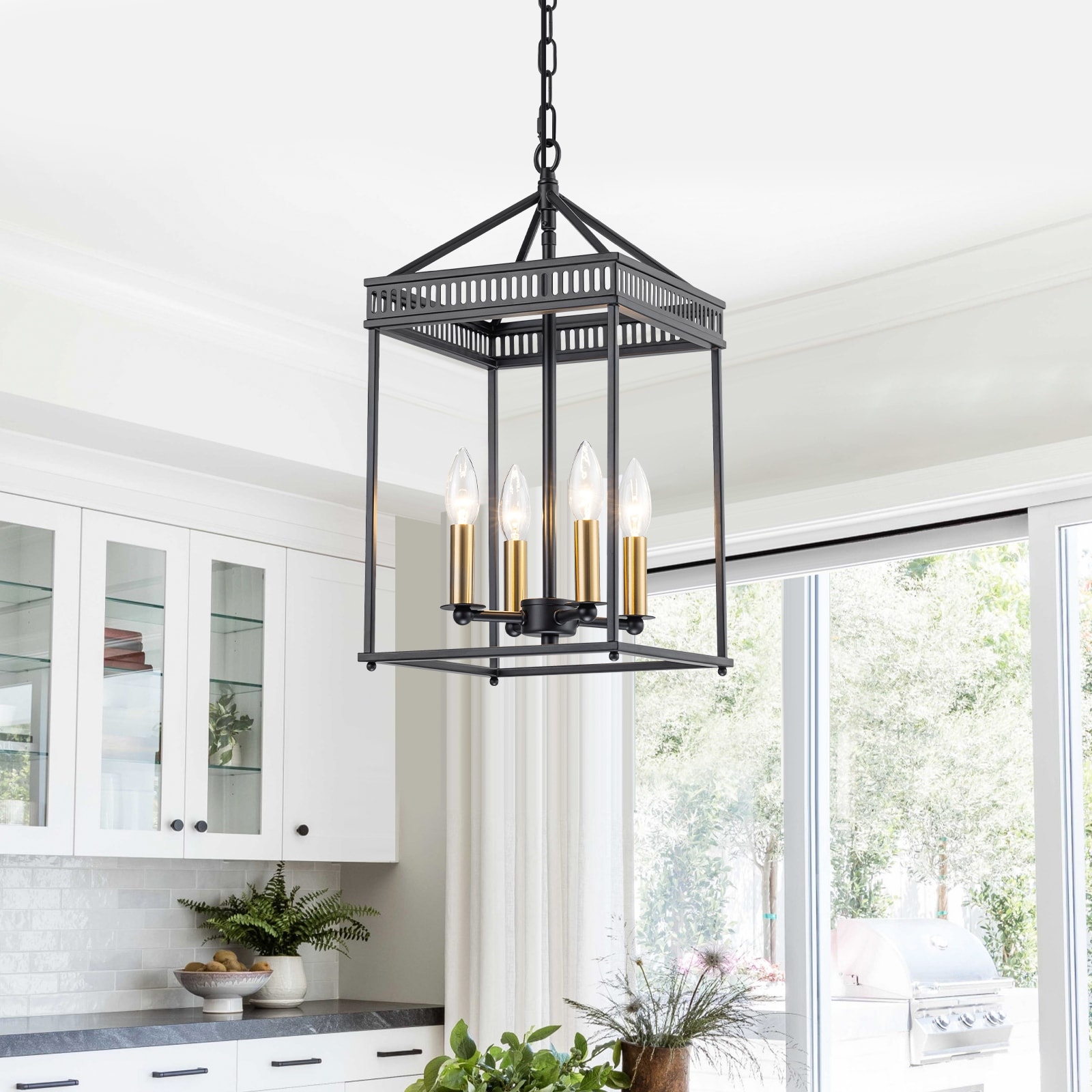 4-Light Industrial Black Square Cage Pendant Chandelier for Kitchen - Dia.9.84-in