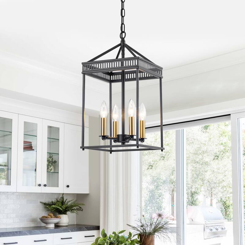 4-Light Industrial Black Square Cage Pendant Chandelier for Kitchen - Dia.9.84-in - Dia.9.84-in