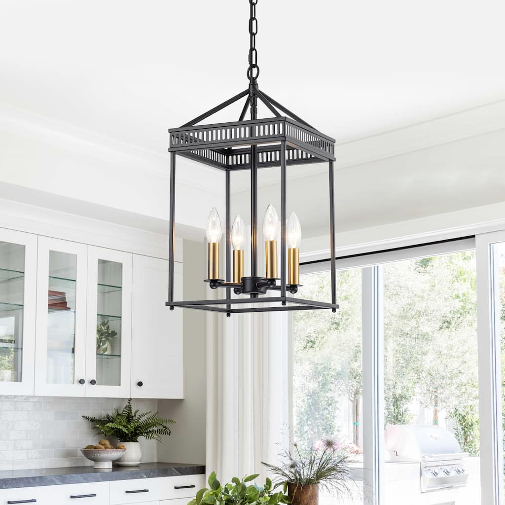 4-Light Industrial Black Square Cage Pendant Chandelier for Kitchen - Dia.9.84-in