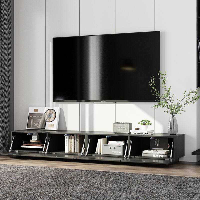 Modern Black TV Stand for 85 Inch TV, Floating Entertainment Center with Drop Down Doors Media Console