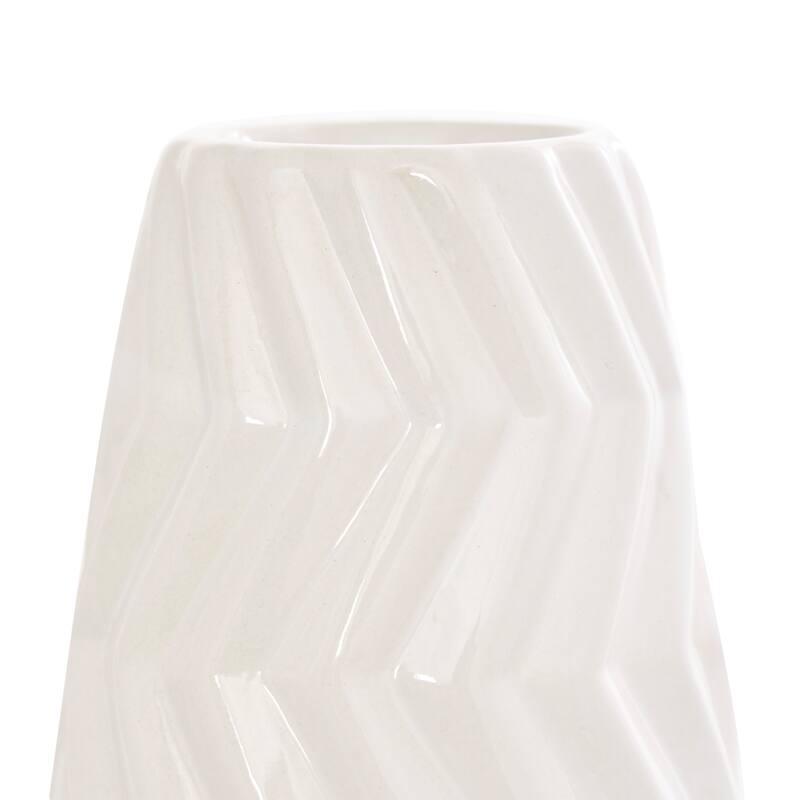 White Ceramic Dimensional Chevron Textured Decorative Vase with Varying Shapes (Set of 3)