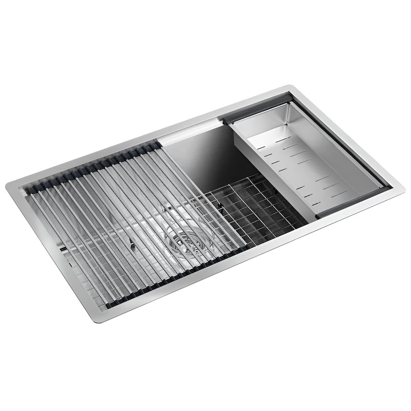 32" Undermount Kitchen Sink, Black/Silver Stainless Steel Workstation with Wooden Board & Accessories