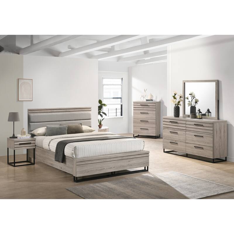 Roundhill Furniture Alvear Upholstered Wood Panel Bed, Dresser, Mirror, Nightstand, and Chest, Weathered Gray - Queen