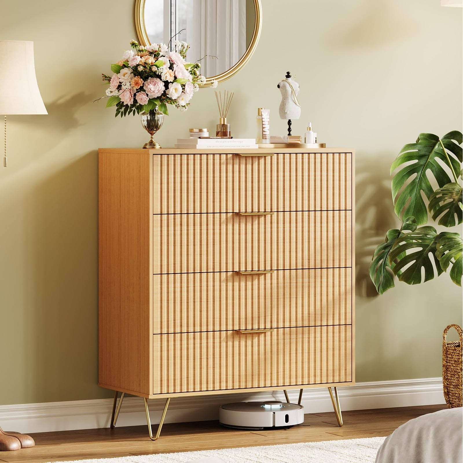 38" Tall Fluted 4 Drawer Dresser with Metal Handles, Modern Wood Storage Chest