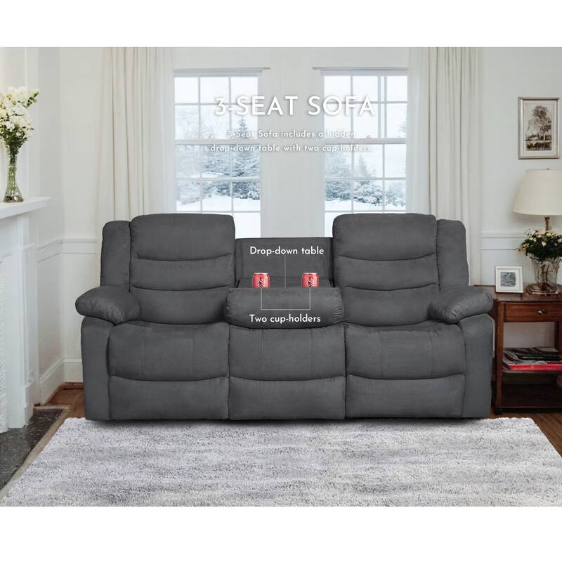 Modern 3-Piece Manual Reclining Living Room Sofa Set with Dropdown Table and Console