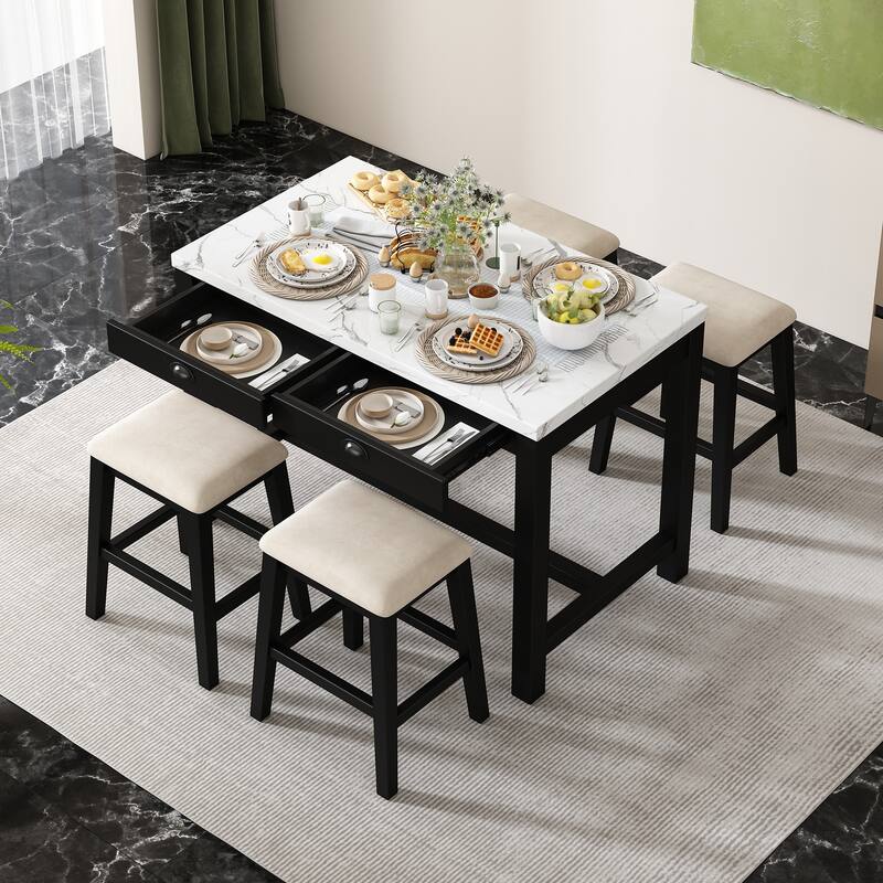 Modern Faux Marble Bar Table Set with Storage & Stools