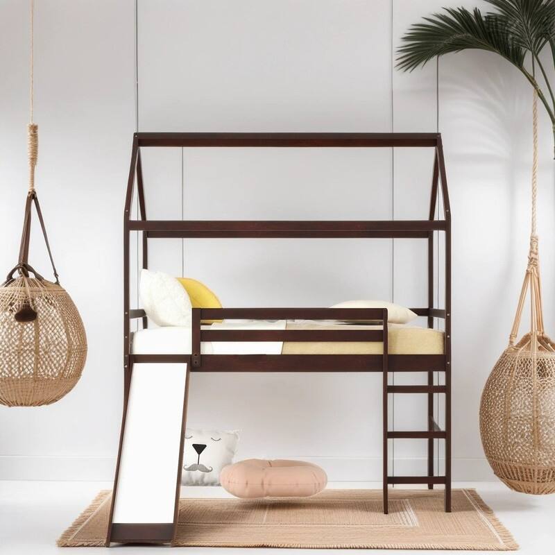 Solid Wood Twin Loft Bed with Slide and Ladder House Bed with Slide, Espresso
