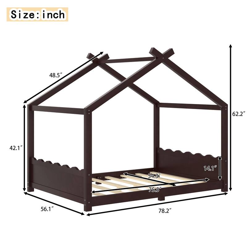Roomfitters House Floor Bed with Support Slats, Solid Wood Open Frame Design