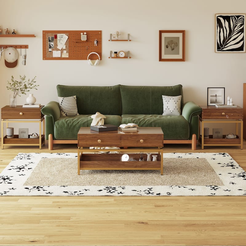 Coffee Tables for Living Room, 39.4" Modern Coffee Table with 2 Drawers and Open Shelf, Wood Center Table with Storage