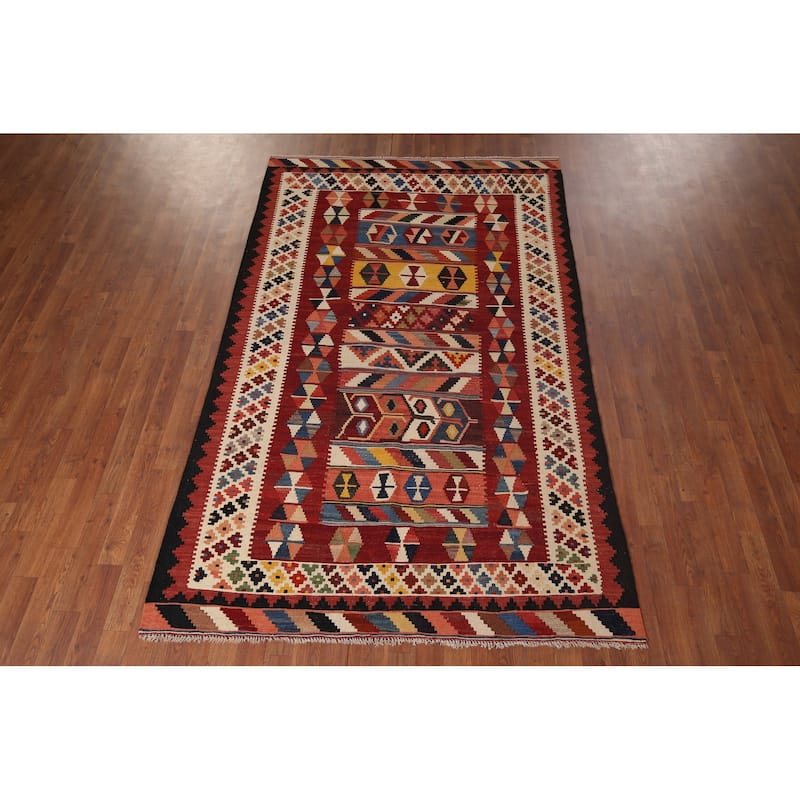 Vegetable Dye Red Kilim Qashqai Persian Vintage Hand-Woven Wool Carpet - 5'0"x 8'1"