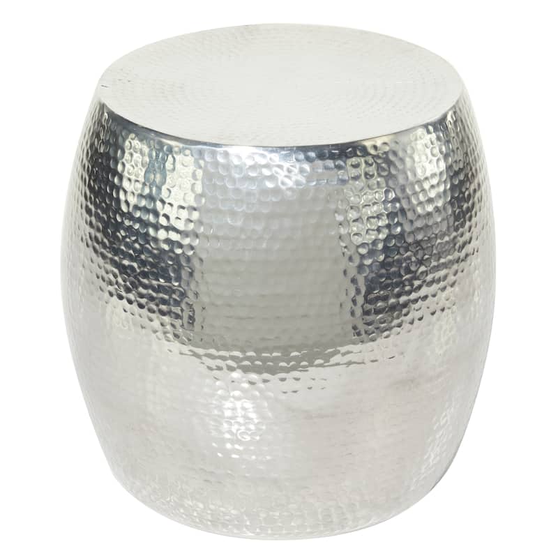 Silver Aluminum Metal Drum Shaped Accent Table with Hammered Design