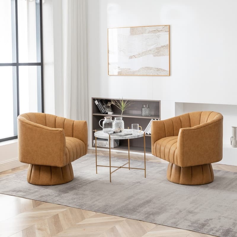 SEYNAR Mid-Century Swivel PU Leather Tufted Round Accent Barrel Chair set of 2