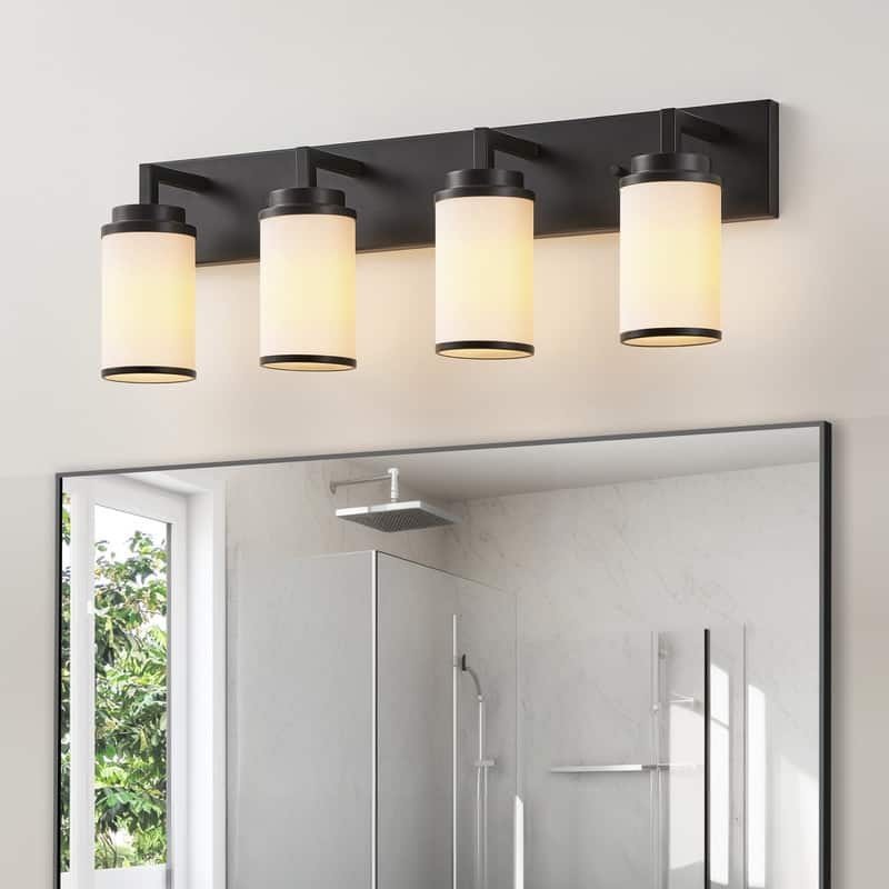 KAWOTI Frosted White Glasses Vanity Light with Metal Ring - 4-Light(W30")