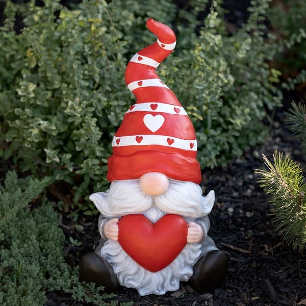 slide 2 of 5, Magnesium Garden Gnome Sitting Holding Big Heart with Red Hat None - Pink and Red - Medium