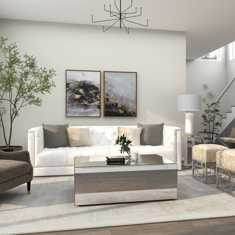 Silver Glass Mirrored Rectangle Living Room Coffee Table with Elevated Base