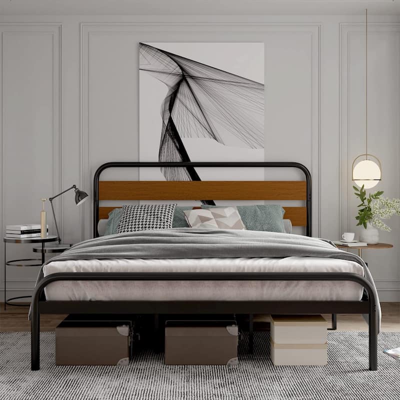 Bed Frame with Wood Headboard - Dark Brown - King
