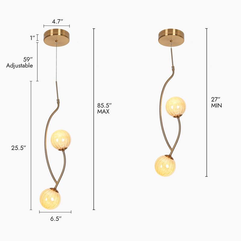Modern Gold LED 2-Light Colored Glass Pendant Island Lights - D6.5" x H85.5" Max