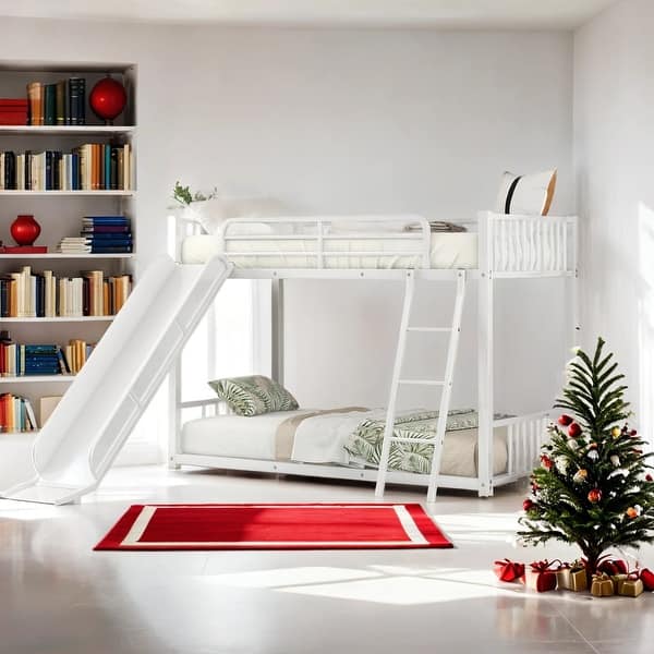 slide 2 of 21, Metal Twin over Twin Bunk Bed with Railings, Slats and Slide for Children's Bedroom White