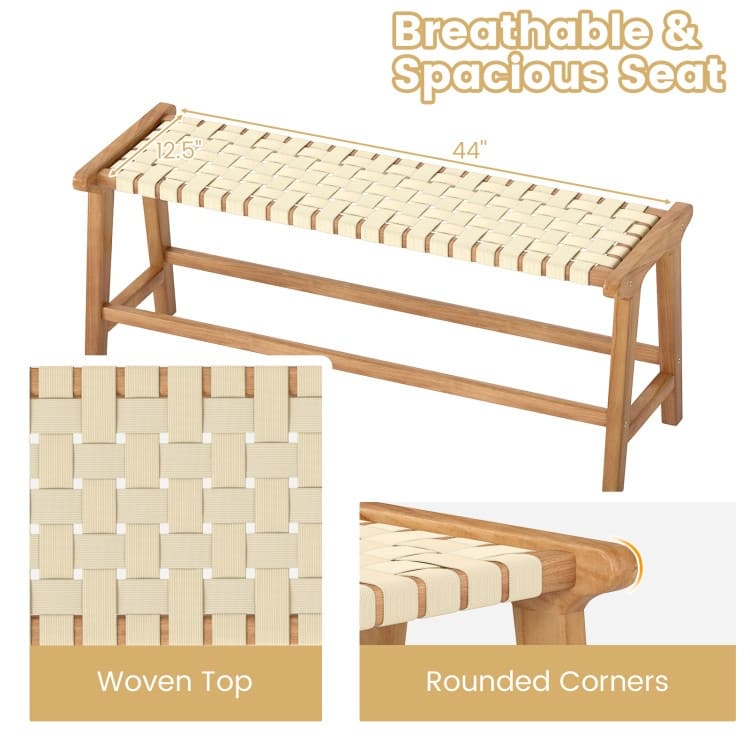 Natural-Beige Teak Wood Patio Bench with Woven Seat - 47" x 16" x 19.5"