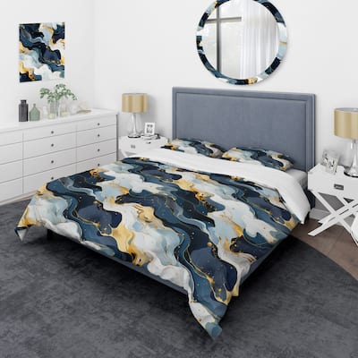 Designart "Blue And Red Marble Elegance" Gold Glam Bedding Cover Set With 2 Shams