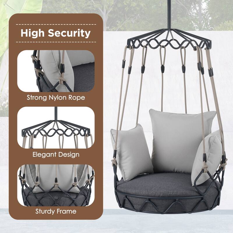 Frameless Hanging Chair with Waterproof Cushion, Outdoor Porch Swing Basket Chair with Metal Frame