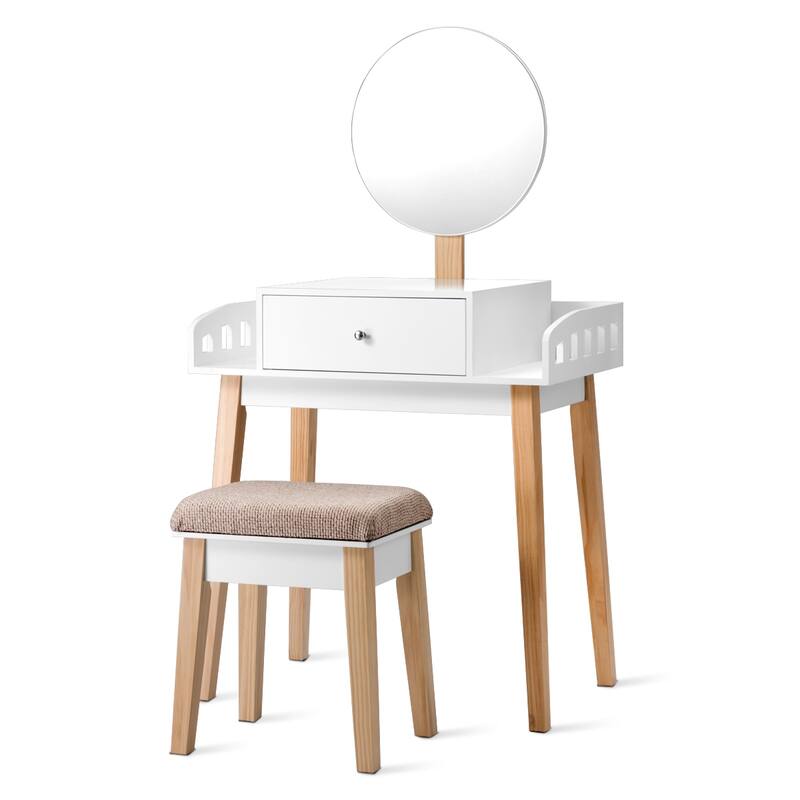 Costway Wooden Vanity Makeup Dressing Table Stool Round w/Drawer