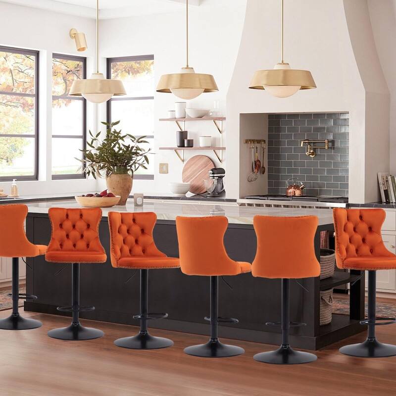 Velvet Upholstered Nailheads Tufted Swivel Bar Stools (Set of 6) - Orange BlackBase