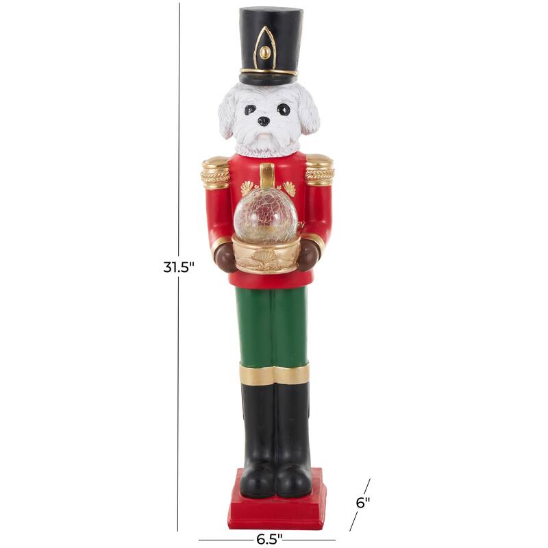 Fiberglass Dog Tall Soldier Nutcracker Christmas Sculpture with LED Light Snow Globe - Red - Roche River Decor