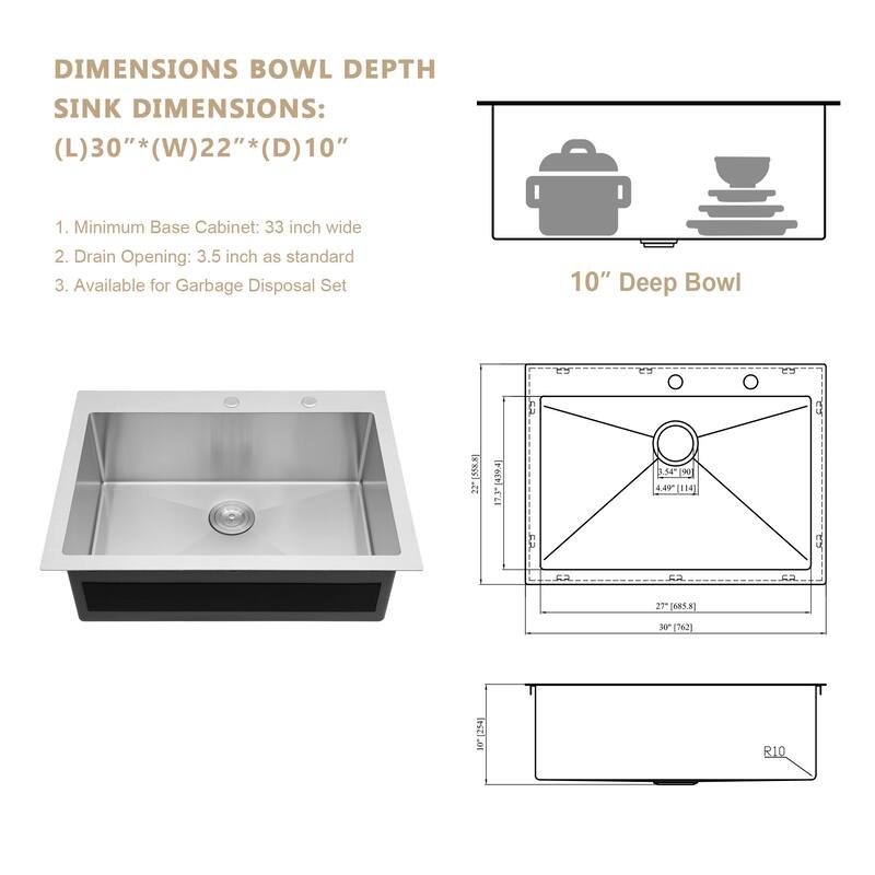 Kichae Robust Drop-in Kitchen Sink 30/33 inch Stainless Steel Kitchen Sink with Wide Flange - 30"x22:x10"