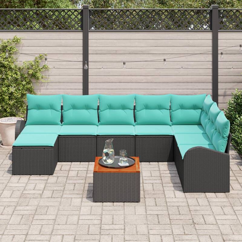 vidaXL 9 Piece Garden Sofa Set with Cushions Black Poly Rattan Acacia - 113.8×70.5×27.2
