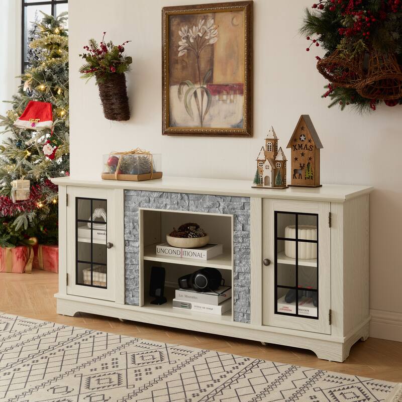 Modern TV Stand, Faux Stone Media Console Cabinet, Entertainment Center with 2-Door Storage, for Living Room, White