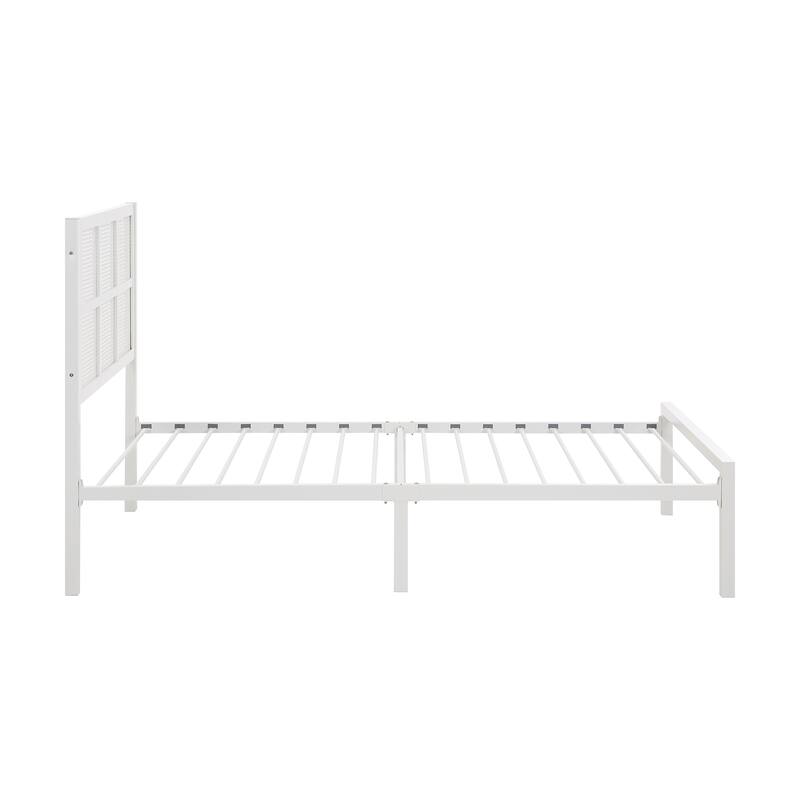 Twin Platform Bed with Faux Cane Headboard, White Metal Frame, No Box Spring Needed, Coastal Style Bedroom Furniture