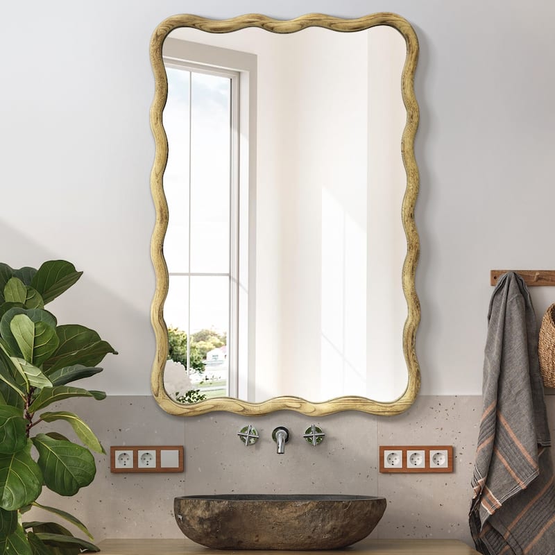 Scalloped Wood Frame Rectangle Wavy Wall Mirror