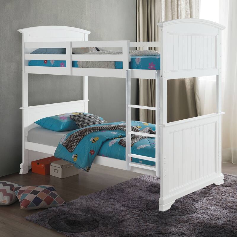 Transitional Twin Full Bunk Bed with White Finish and Plank Design - White